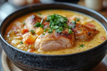 Delicious chicken curry soup with vegetables and herbs garnishing a black bowl
