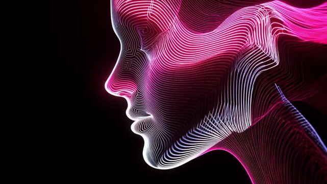 Abstract horizontal video profile of human face formed by glowing pink and white lines on black background. Digital futuristic concept for AI and technology design with copy space, backgrounds