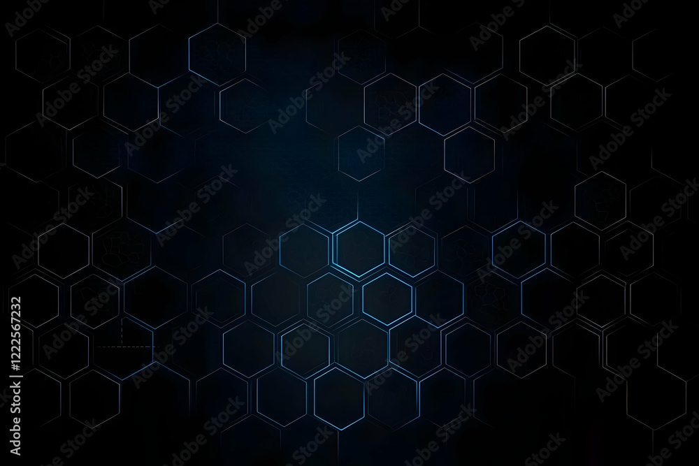 Poster abstract background with futuristic blue hexagon grid on dark background for technology and innovati