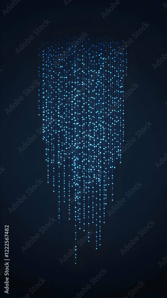 Poster abstract blue lights hanging down on a dark background create a visual spectacle.