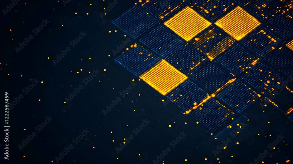 Poster abstract background shows glowing squares and dots in dark space with futuristic vibe.