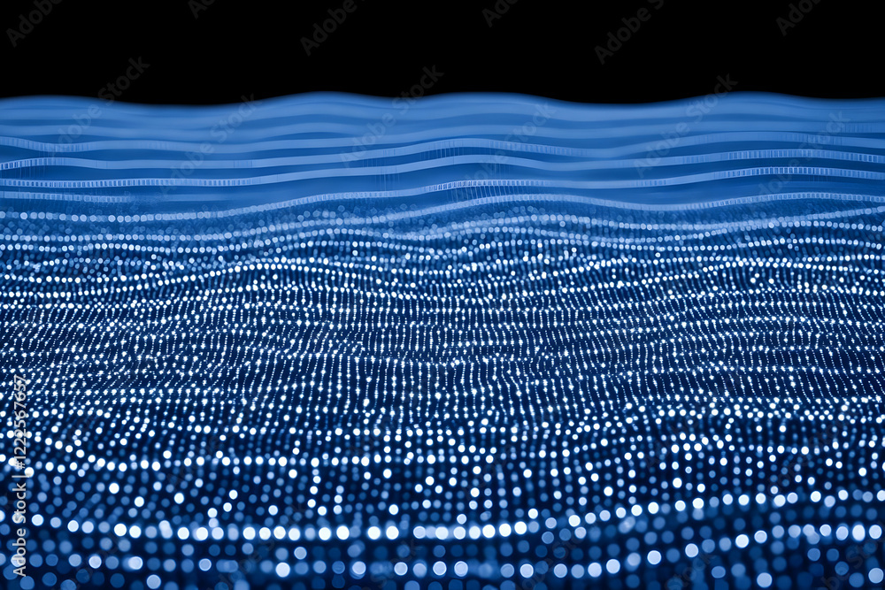 Poster abstract blue bokeh lights background creates a wavy pattern smoothly across a dark background