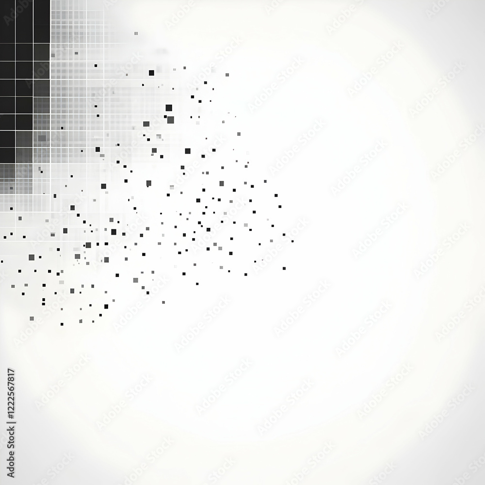 Poster abstract background with black and white pixelated squares dispersing gradually