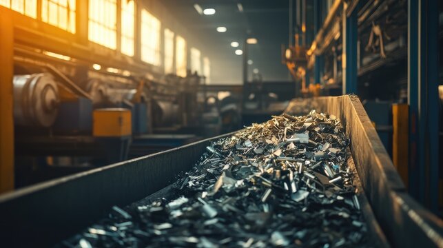 A factory conveyor belt filled with metal scraps, showcasing industrial production and recycling processes in a modern manufacturing facility.