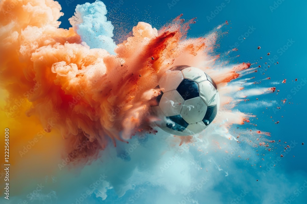Poster classic soccer ball exploding with colorful powder paint clouds on blue background creating an artis