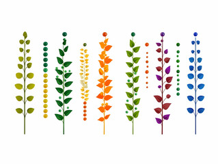Colorful Plant Stems with Leaves and Berries Illustrations Set Isolated on White Background.