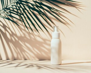 Summer Skincare Mockup, White Spray Bottle with Palm Leaf Shadow