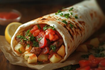 Delicious burrito with meat, potatoes, tomatoes and parsley resting on baking paper