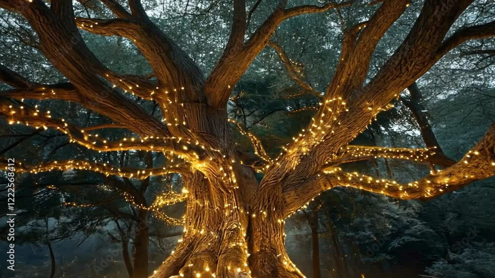 Aufkleber A large tree stands majestically in a serene forest, its gnarled branches wrapped in bright glowing lights. The soft ambiance creates a magical setting as dusk falls.