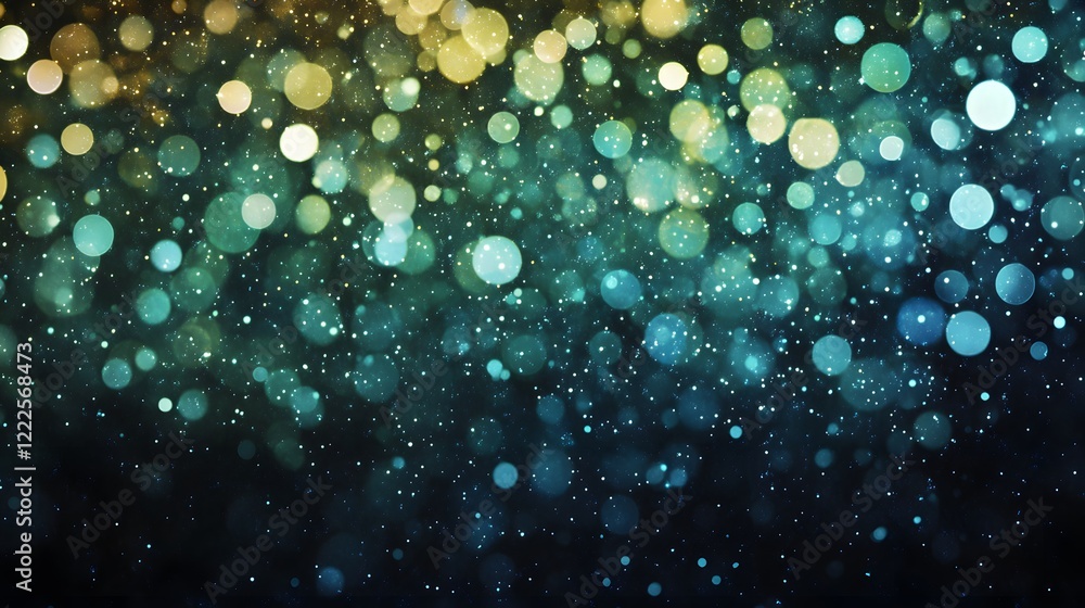 Poster a blue and green background with many small, round, colorful dots. the dots are scattered throughout