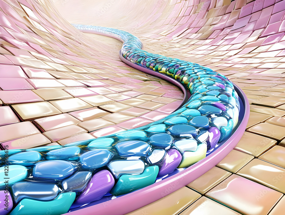 Poster a colorful, glossy chain of gems winds through a pink tiled tunnel in 3d abstract background
