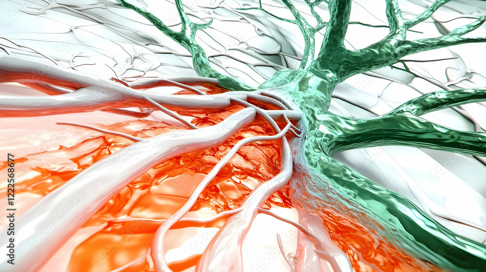 Poster abstract 3d render of green and white branches emerging from an orange and white base