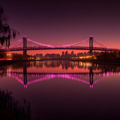 Fototapeta premium Suspension Bridge Reflects Pink Lights in Calm Water at Dusk with Urban Skyline