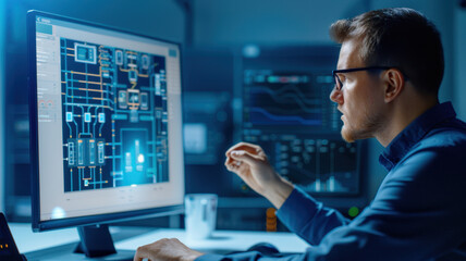 professional monitoring digital twin of smart building on computer screen in high tech control room, focusing on system optimization and data analysis