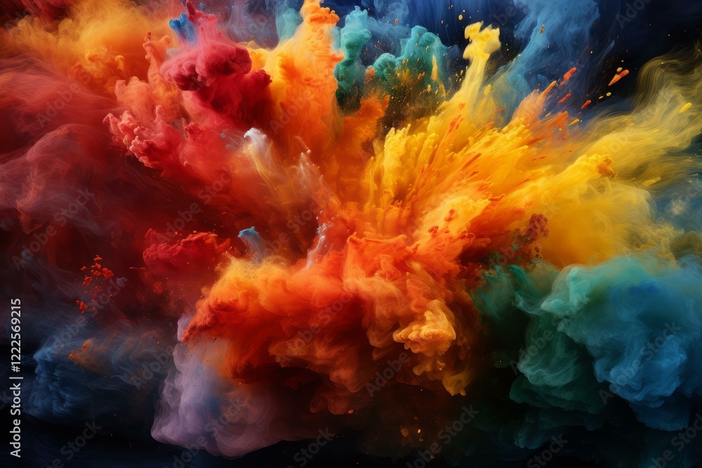 Poster multicolored pigments exploding and swirling together, creating a vibrant and abstract visual effect