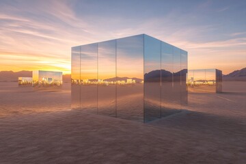 Mirrored cubes reflecting sunset over desert landscape in nevada art installation