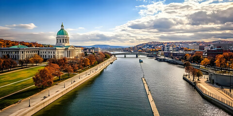 Obraz premium Scenic cityscape displays an elegant domed building nestled along a picturesque river with a charming bridge and autumn trees lining its banks under a cloudy sky.