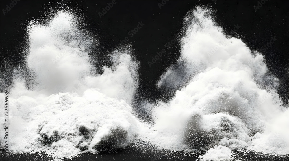 Poster white powder explodes dramatically against a dark background, creating a dynamic visual.