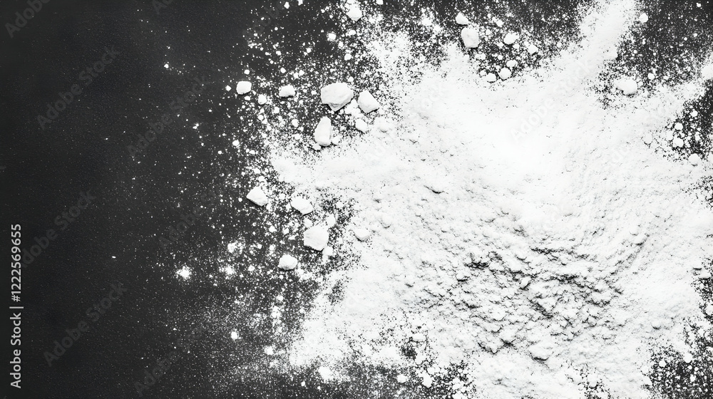 Poster white powder spreads across a dark surface, creating an abstract textured background.