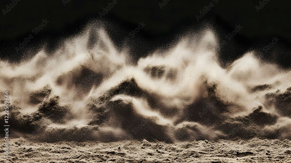 Poster dust explodes upward against a dark background, creating a dramatic and textured scene.