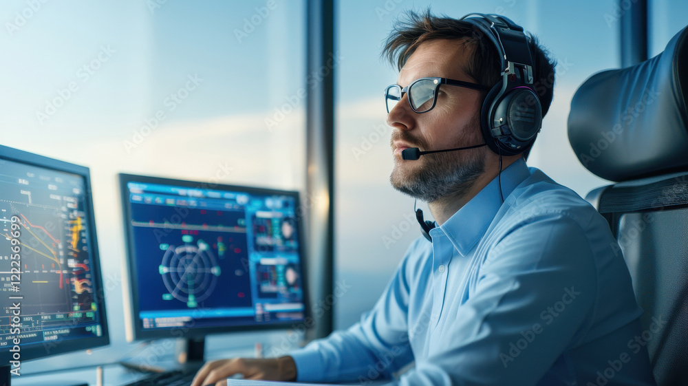 Poster focused air traffic controller wearing headset monitors multiple screens displaying radar and flight