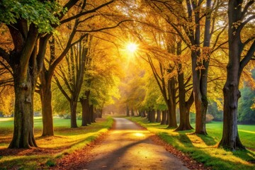 Naklejka premium Golden Sunlight Illuminates a Serene Autumnal Path Lined with Majestic Trees, Casting Long Shadows on the Grassy Verges