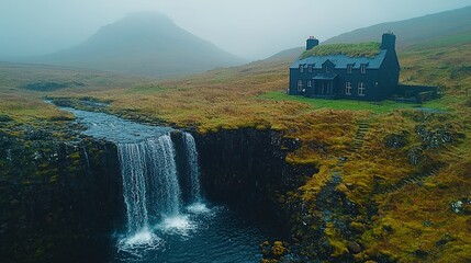 Fototapeta premium Secluded Waterfall House in Misty Highlands