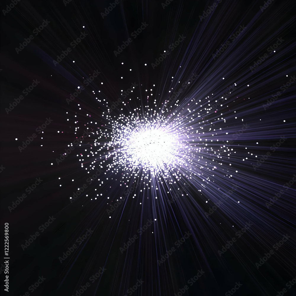 Poster abstract light rays burst from center with particles on dark background.
