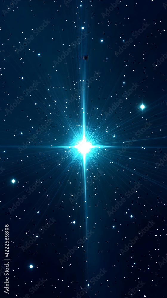 Poster bright star shines in deep space with twinkling stars, rays of light, and a dark background