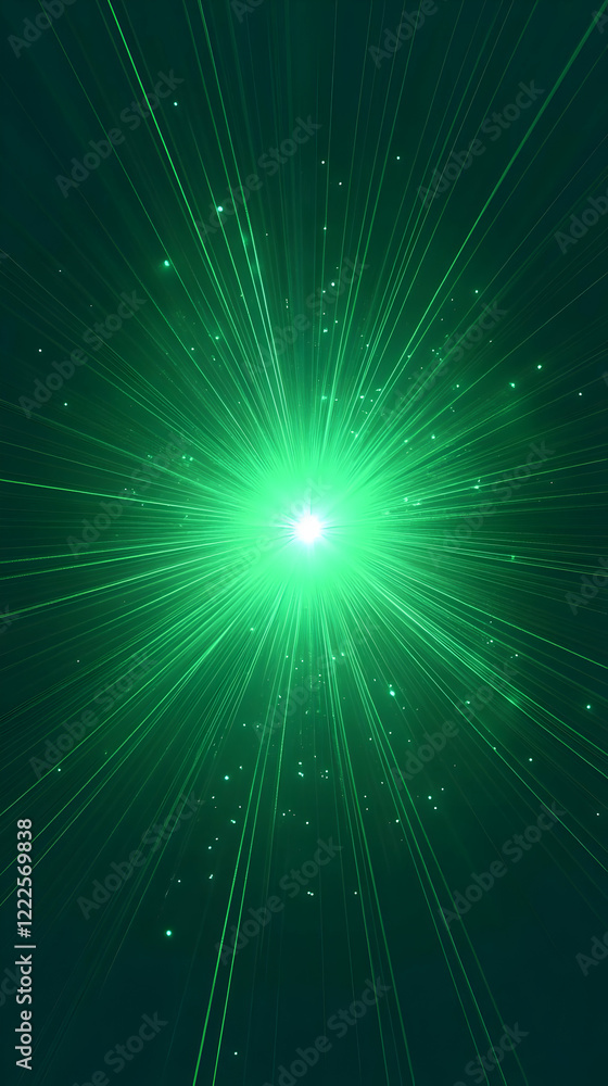 Poster green laser lights burst radiating from central point with particles in dark background