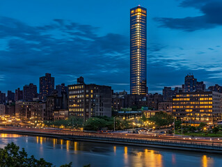 Illuminated Skyscraper Dominates Cityscape at Dusk Across the River with Traffic Flowing Smoothly