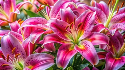 Fototapeta premium Vibrant pink tiger lilies bloom close-up, a long-exposure floral wallpaper showcasing their delicate beauty.