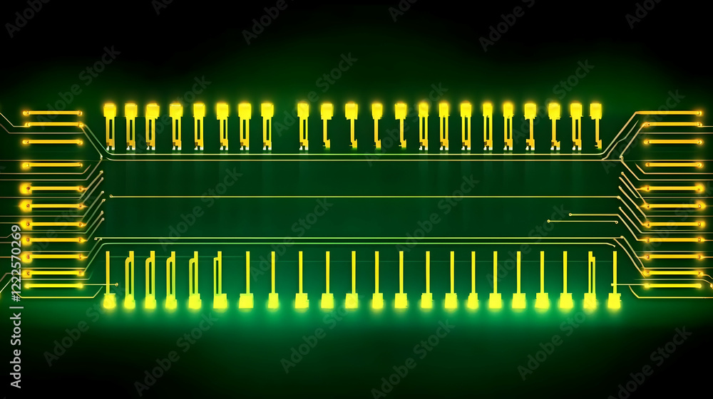 Poster green circuit board shows electronic components and data transfer with illuminated pathways
