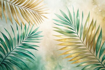 Serene Watercolor Palm Fronds An Elegant Botanical Design Featuring Lush Teal and Golden Hues on a Textured Background Ideal for Print, Decor, and Artistic Applications