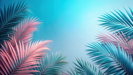 Pastel Pink and Teal Palm Fronds on a Vibrant Sky Blue Background, Ideal for Summer Designs and Tropical Themed Projects