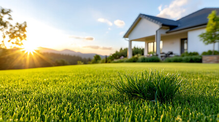 Modern backyard garden with automatic sprinkler system serene landscape residential home tranquil evening light nature's beauty