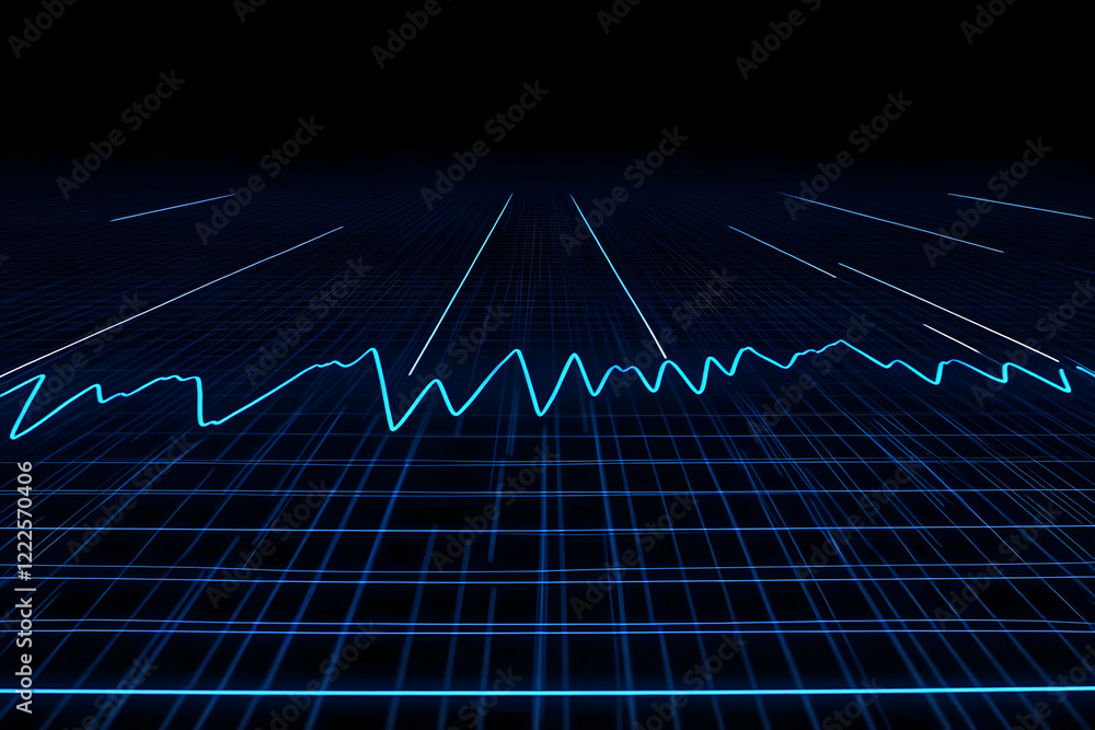 Poster abstract blue line graph shows fluctuations on a dark grid background with perspective