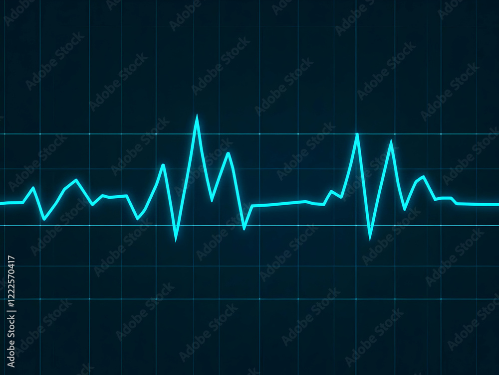 Poster glowing blue line graph shows data fluctuation on a dark grid background