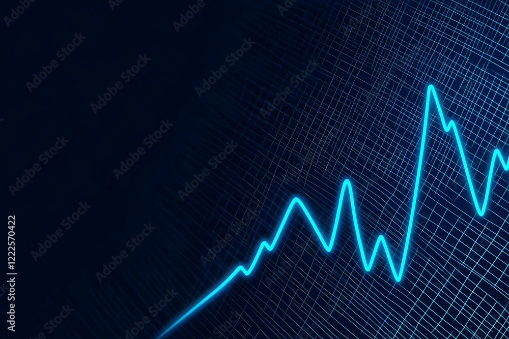 Poster glowing blue line chart shows growth trend on dark grid background representing economic progress dy