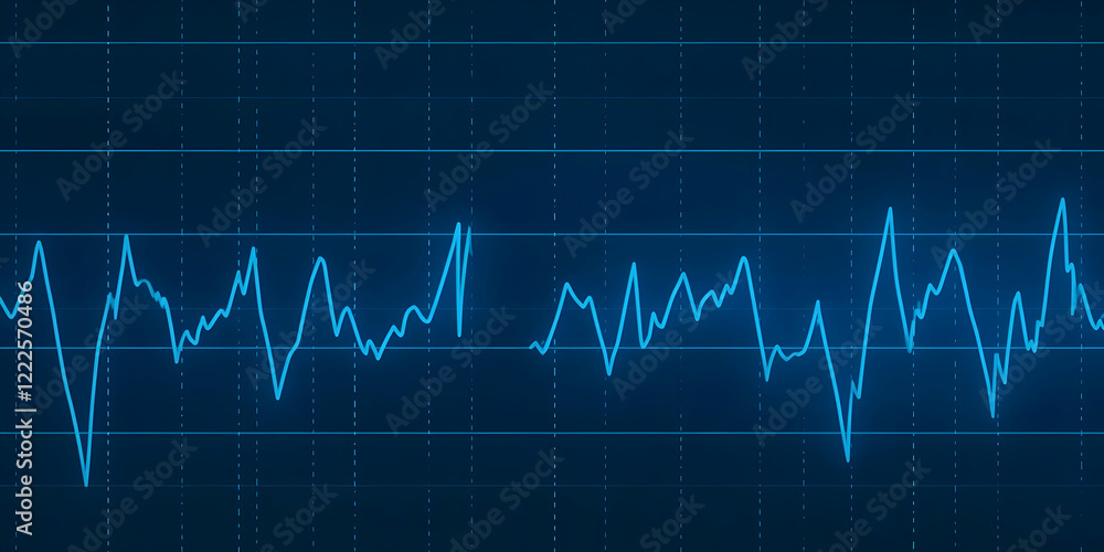 Poster glowing blue line graph depicts data fluctuations on a dark digital grid background.