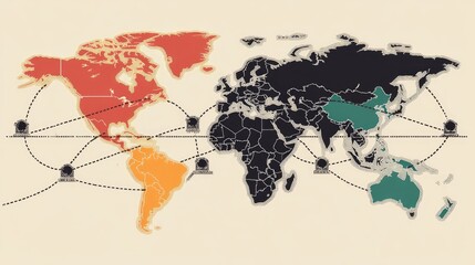 Global map with highlighted expansion regions. diverse teams collaborate across boundaries