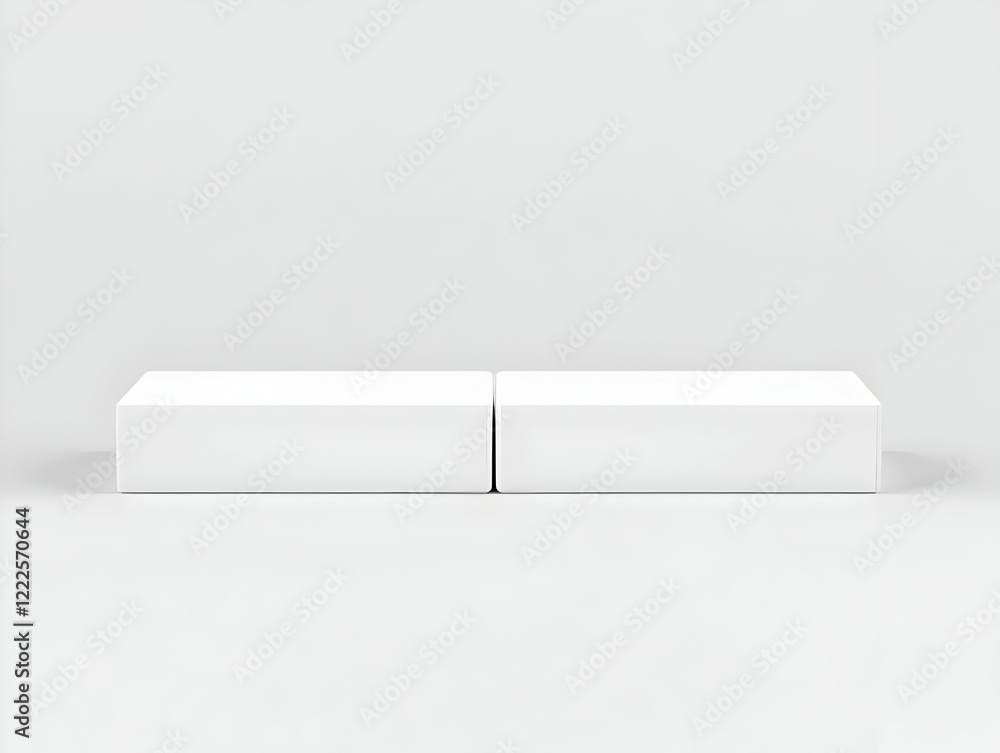 Poster two empty white rectangular podiums stand on a white backdrop, perfect for product display.