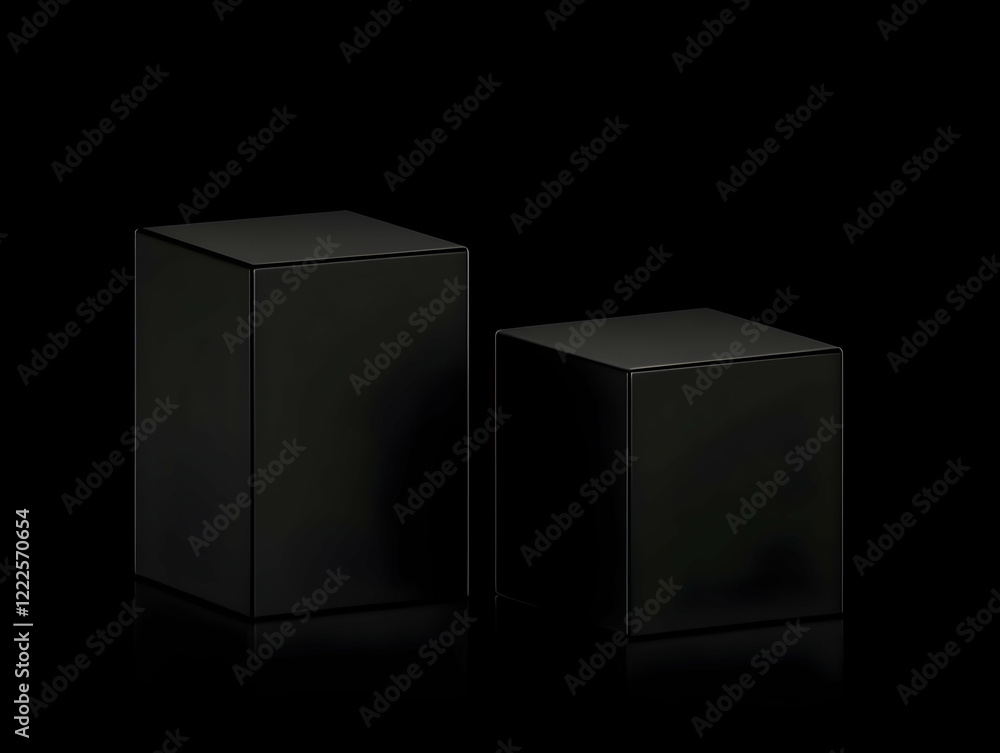 Poster two black cubes stand on a reflective black surface, creating a minimalist and abstract composition