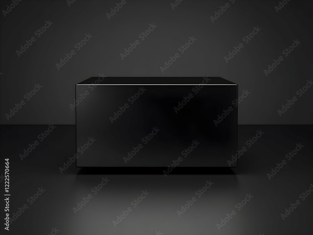 Poster black cube sits on a dark gray surface in a minimalist setting