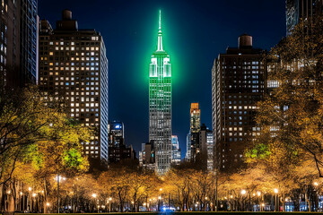 Green-lit Skyscraper Towers Over City Park at Night with Illuminated Trees and Buildings