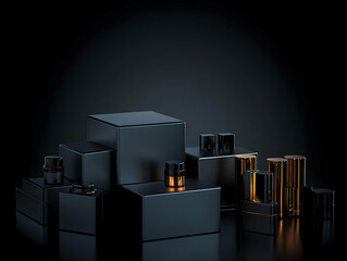 Black and Gold Cosmetic Bottles Displayed on Black Cubes in a Dark Studio Setting