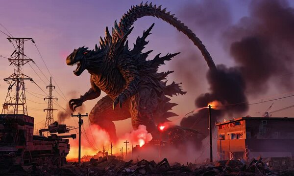 Background of giant monsters rampaging and destroying the city