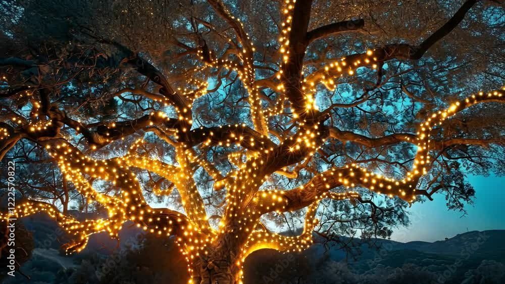 Poster a large tree adorned with glowing lights stands majestically in a tranquil outdoor area at twilight.