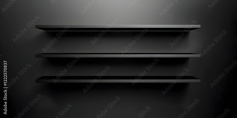 Poster three empty black shelves on a dark wall create a minimalist and modern display space