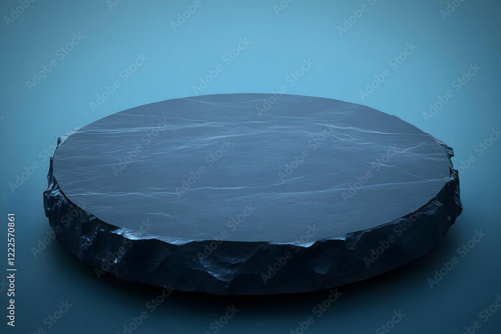 Poster empty round stone podium on a blue background displaying smooth surface with rough edges